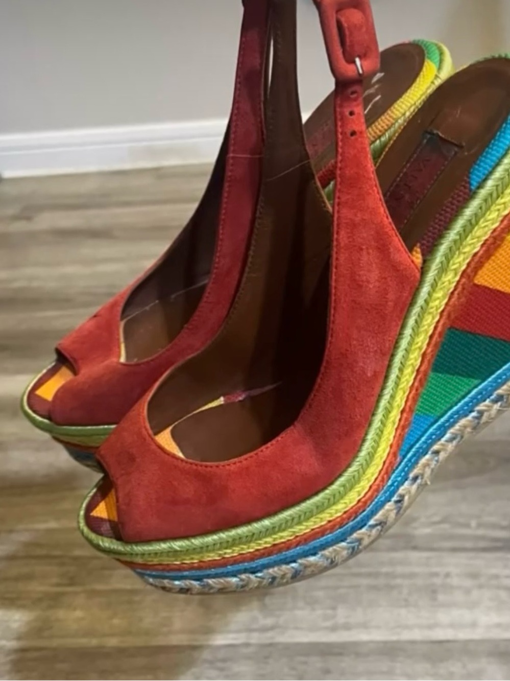 Valentino  Red Suede Peep-Toe Espadrille Wedge Sandals